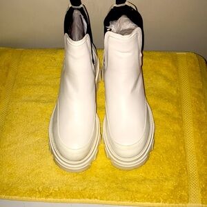 Public Desire Edgy White & Black PU Elasticated Ankle Rounded Chunky Sole Boots